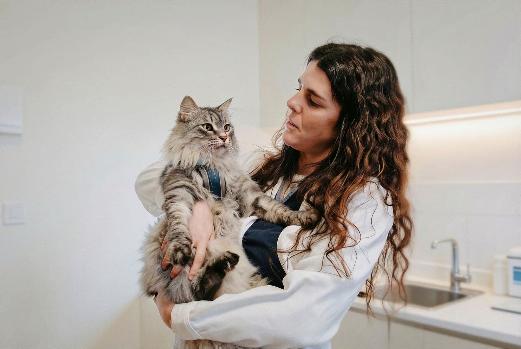 La dott.ssa Alessandra Calini in ambulatorio con in braccio un gatto a pelo lungo
