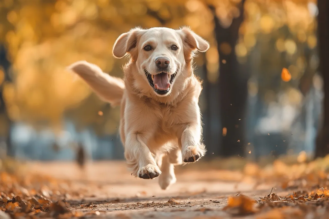 Golden retriever in forma che corre su un prato in autunno