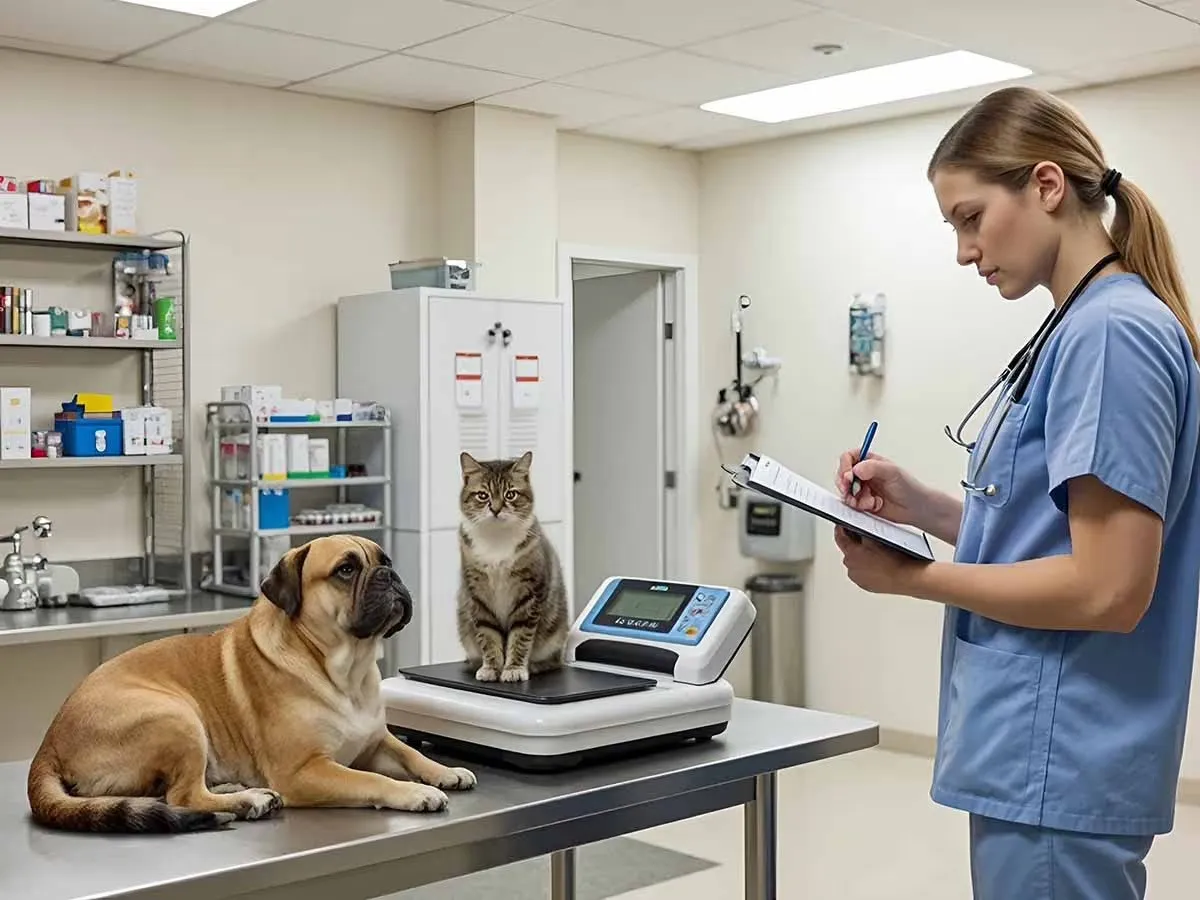 Veterinaria prende appunti in ambulatorio accanto a un cane e a un gatto sulla bilancia